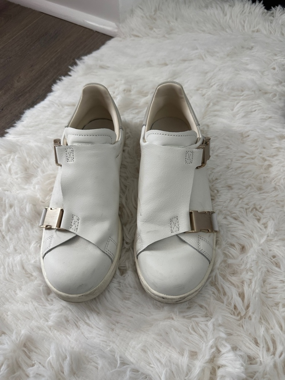 adidas White Leather Slip-On Sneakers with Gold Buckle Details